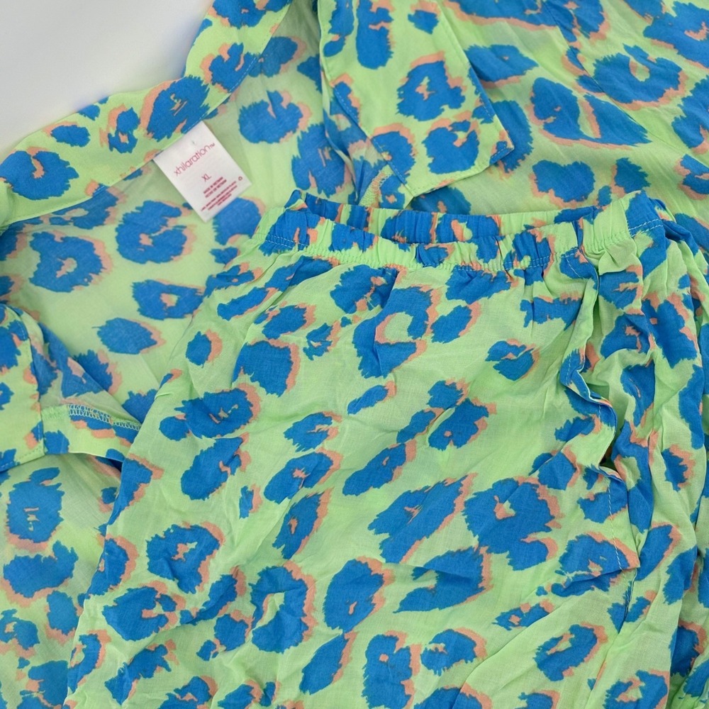 Xhilaration Leopard Print‎ Lounge Sleep Set Shirt Shorts Comfy Casual Blue Green